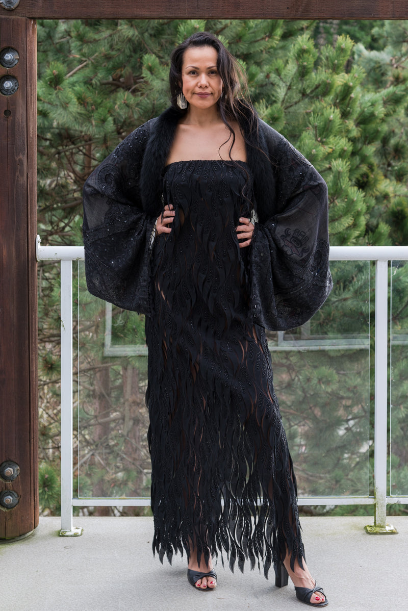 Ravens lined with Fox trim pashmina shawl, one of a kind