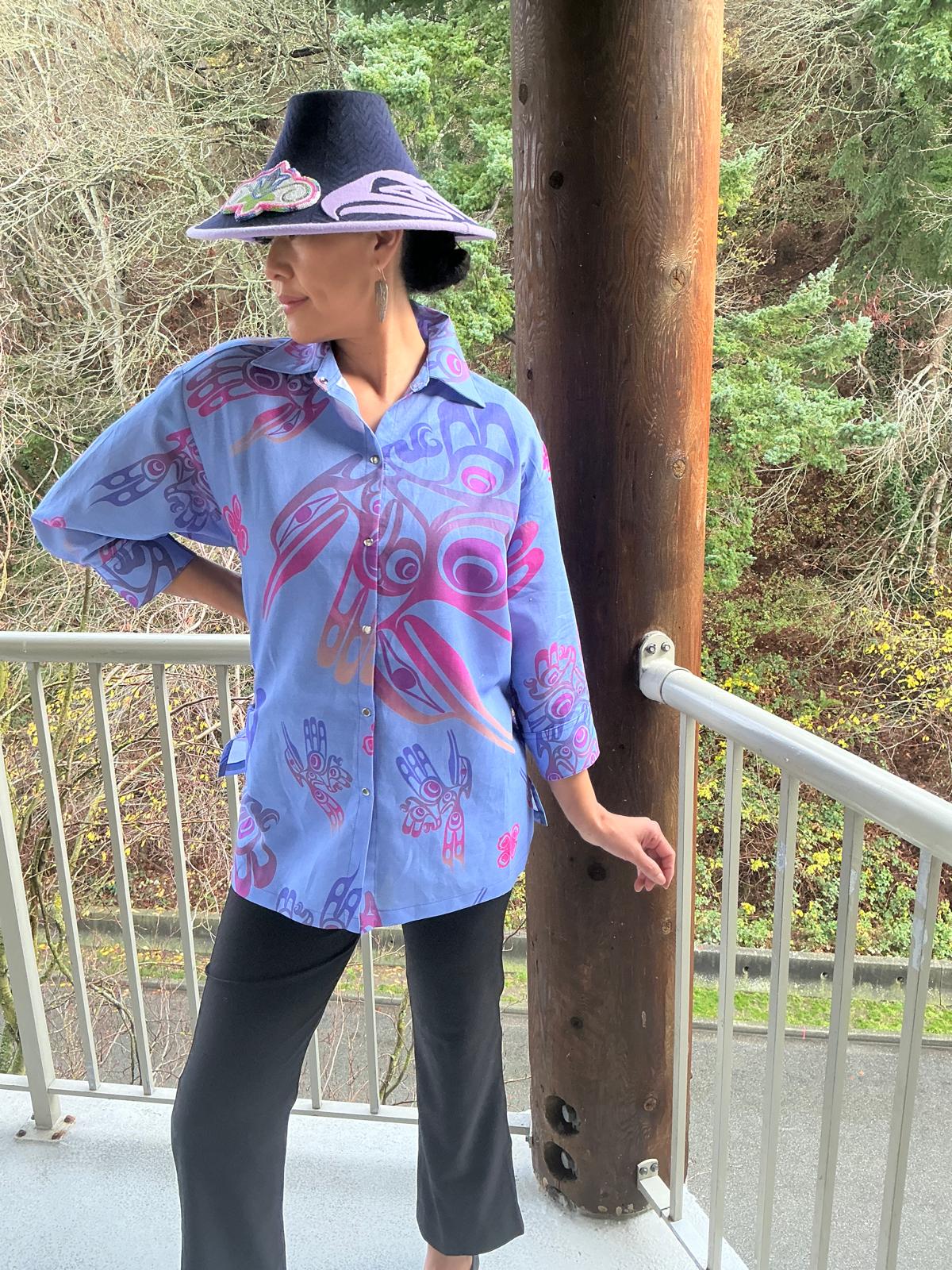 Hummingbird Long Sleeve Linen Snap Button Blouse [Mint or Jewel Mauve]